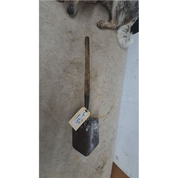 U.S. Military Folding Shovel with Wood Handle and Tag