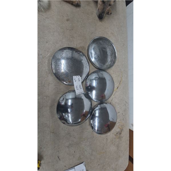 Five Chrome Hubcaps, 3)8” 2)9”