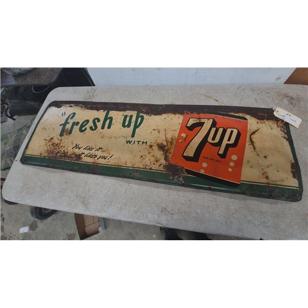 Vintage "Fresh Up with 7up" Embossed Tin Advertising Sign, Made in Canada, circa 1940s-1950s.