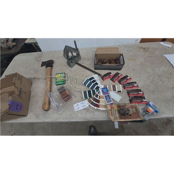 Assorted Tools and Hardware: Axe, Stapler, Paint Swatches, furniture Decore Knobs