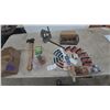 Image 1 : Assorted Tools and Hardware: Axe, Stapler, Paint Swatches, furniture Decore Knobs