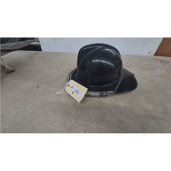 Black Firefighter's Helmet with Adjustable Headband and Yellow and Brown Liner