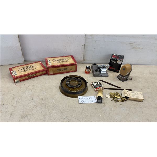 Craig S-3 Film Splicer, Vivitar 28mm Lens, Trump Cigar Boxes, Ashtray