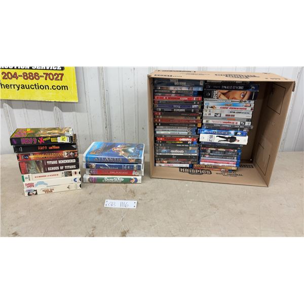 Large Lot of DVDs, Blu-Rays and VHS Tapes Including Rambo, Reign, Titanic, Atlantis