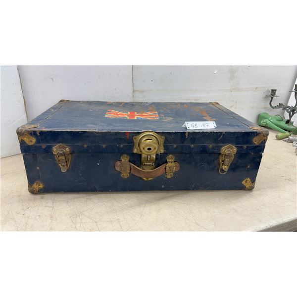 Vintage Blue Metal Steamer Trunk with Union Jack Flag and Brass Hardware, 17 × 28 × 8”