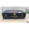 Image 1 : Vintage Blue Metal Steamer Trunk with Union Jack Flag and Brass Hardware, 17 × 28 × 8”