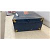 Image 2 : Vintage Blue Metal Steamer Trunk with Union Jack Flag and Brass Hardware, 17 × 28 × 8”