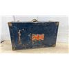 Image 6 : Vintage Blue Metal Steamer Trunk with Union Jack Flag and Brass Hardware, 17 × 28 × 8”