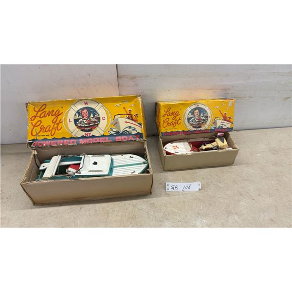 Two Vintage Lang Craft Powered Model Boats, Runabout and Cabin Cruiser, Japan, 1950s-60s, with