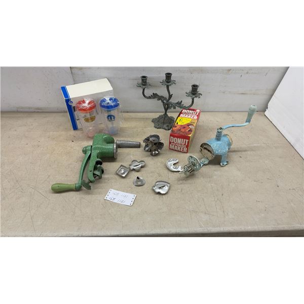 Vintage Cast Iron Hand-Crank Cookie Press and Nut Chopper, Donut Maker, Candelabra