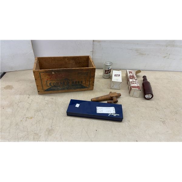 Vintage Schlitz Bottle Flashlight and Libby's Corned Beef Wood Crate