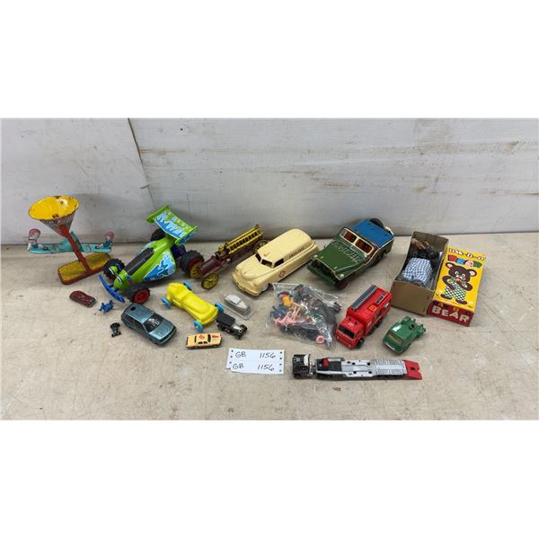 Vintage Tin Toys and Diecast Cars Incl. "See Saw" Toy, "Fix-It Jeep", Ambulance