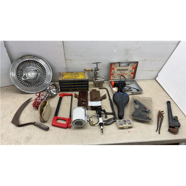 Vintage Resistor Cabinet, Mastercraft Soldering Iron, Hubcap, Wood Planes