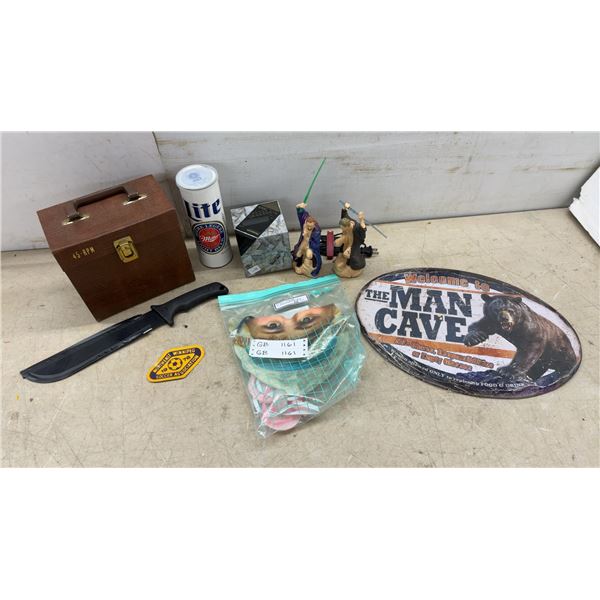 Man Cave Sign, 45-RPM Record Case, Miller Lite Can, Star Wars Figures