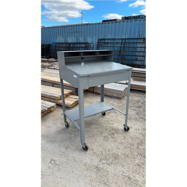 Gray Metal Rolling Desk with Upper Storage, Locking Drawer, 35 × 30 × 54”