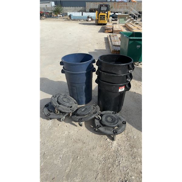 Uline H-1854BL Black Round Brute 20 Gal. Containers 3, 26L Rubbermaid Containers 2, and Dollies 4