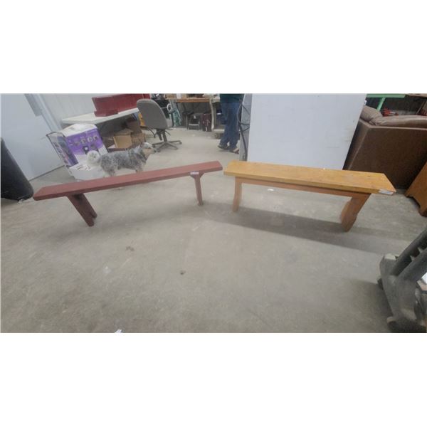 Two Wooden Benches: One Red-Painted 72” and One Natural Wood Finish 54”