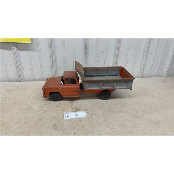 Vintage 1950s Structo International Hydraulic Dump Truck, Pressed Steel, Orange and Gray