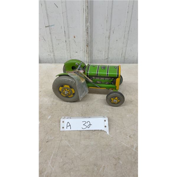 Vintage Windup Mettoy Playthings Tin Toy Tractor, Green and Yellow