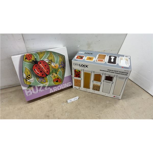 New, Buzz Around 2-Piece Ceramic Chip 'n Dip Set and Drylock by Accent 8-Piece Pantry Container Set
