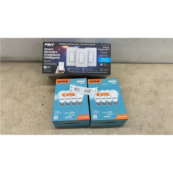 New, Feit Electric Smart Dimmers 3-Pack and Six UnitedLux A19 100W Daylight LED Bulbs