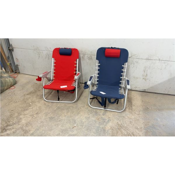 Pair of RIO Beach Hi-Boy 17” Extended Seat 5-Position Backpack Beach Chairs, Red and Blue