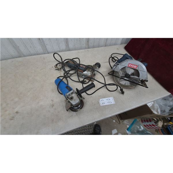 3 power tools Ryobi Circular Saw, Angle Grinder, and Jigsaw