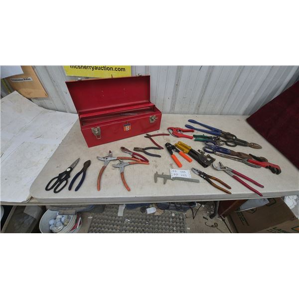Red Metal Tool Box, Pipe Cutters, Tin Snips, Pliers, Wire Strippers