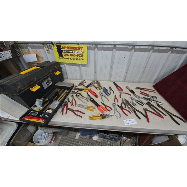Large Lot of Pliers, Wrenches, Wire Strippers, and Tool Box with Contents