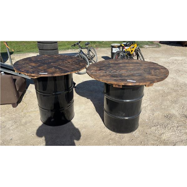 2 Metal Drum Tables with wooden table tops 39 × 39 × 38