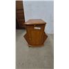 Image 1 : Oak Wood End Table with Magazine Racks and Storage Cabinet on Casters. 23”×19”×16”