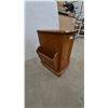 Image 3 : Oak Wood End Table with Magazine Racks and Storage Cabinet on Casters. 23”×19”×16”