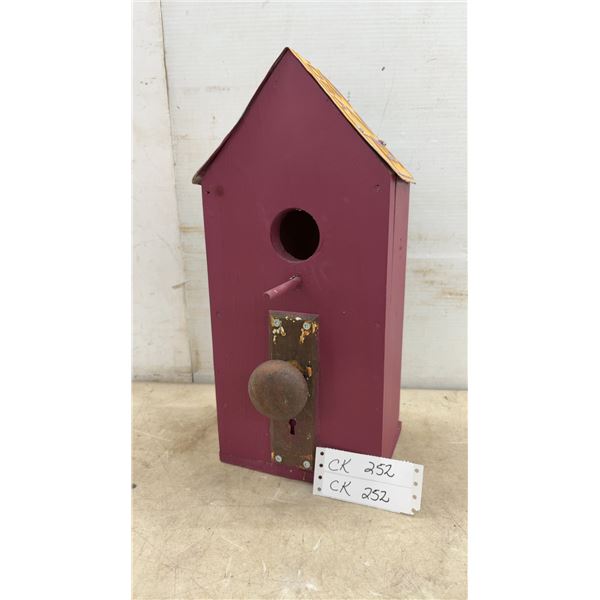Handcrafted Wooden Birdhouse with Repurposed 1976 Manitoba License Plate Roof and Antique Doorknob