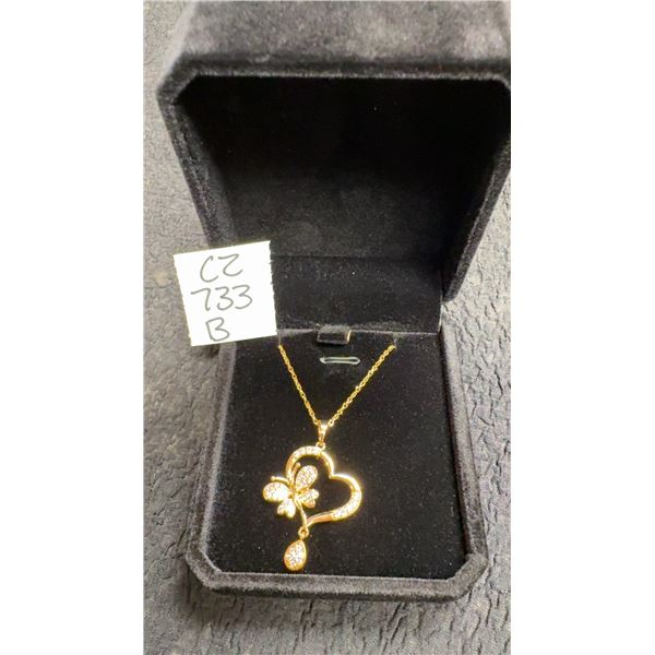 18K Gold Plated 36.0mm Simulated Diamond Heart and Butterfly Necklace, 18” Long