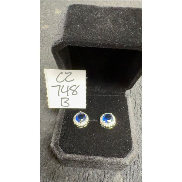 925S 1.0Ct Each Lab-Created Blue Sapphire Halo Stud Earrings, White Gold Overlay