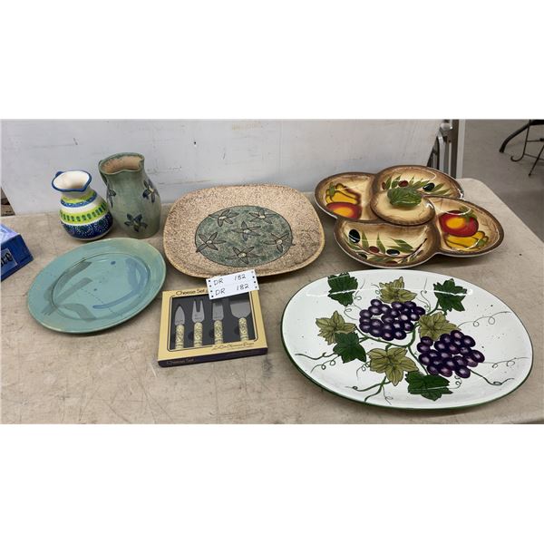 Assorted Pottery and Serveware: La Cuisiniere Designs Cheese Set, Grape Platter