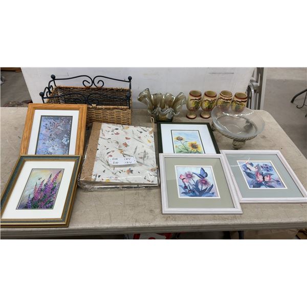 Assorted Framed Art, Decorative Baskets, Vases, and Glassware, including Butterfly and Floral