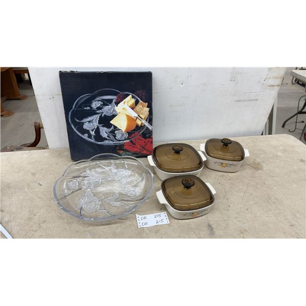 CorningWare Peach Floral Casserole Dishes 3 and Glass Divided Serving Tray in Box