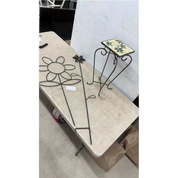 Metal Flower Garden Stakes and Tiled Plant Stand