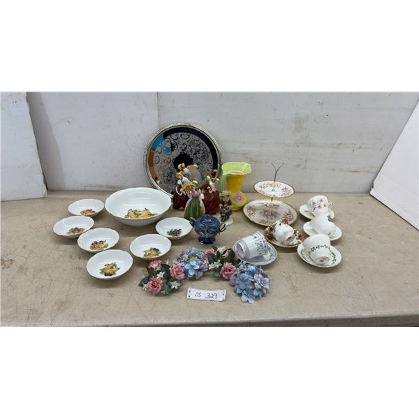 MZ Czechoslovakia Fruit Bowl Set, 3 Teacups and Saucers, 2-Tiered Server, Music Box, Candle Wreaths