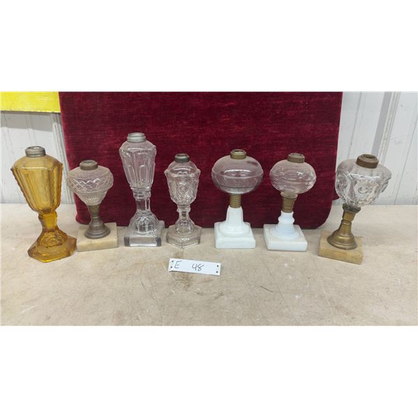 Collection of 7 Antique Pressed Glass Oil Lamps