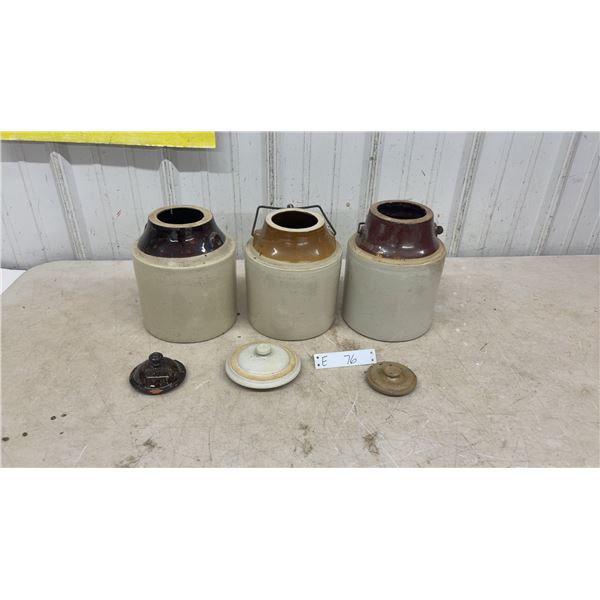 Vintage Two-Tone Stoneware Pickling Crocks With Lids, Set of 3
