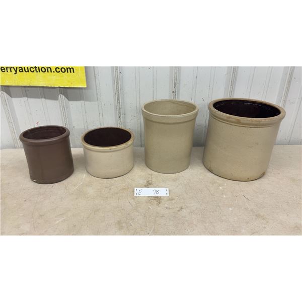 Set of Four Crocks with Brown Interior Glaze, Varying Sizes