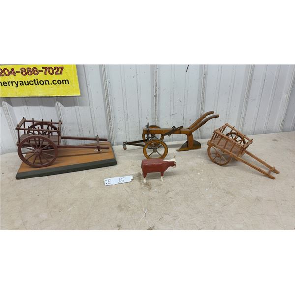 Vintage Wooden Model Farm Carts, Horse-Drawn Plow and Cast Iron Bull Figurine