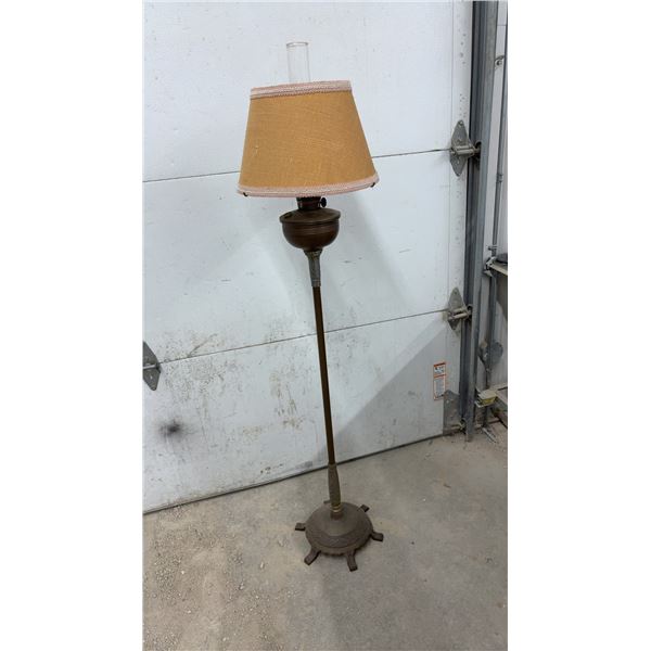 Antique Oil Floor Lamp, Glass Chimney and Burlap Shade