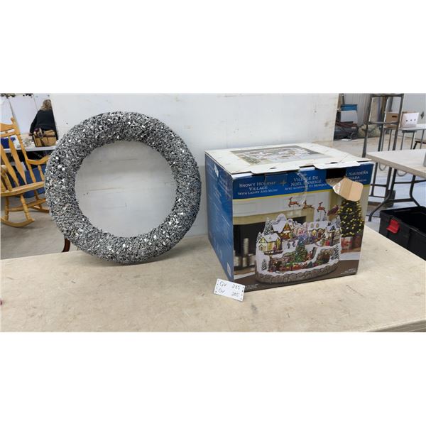 Snowy Holiday Village with Lights and Music and Silver Sequin Wreath