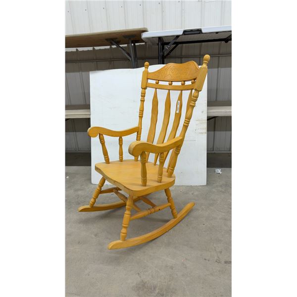 Traditional Wooden Rocking Chair with Carved Floral Backrest and Turned Spindles
