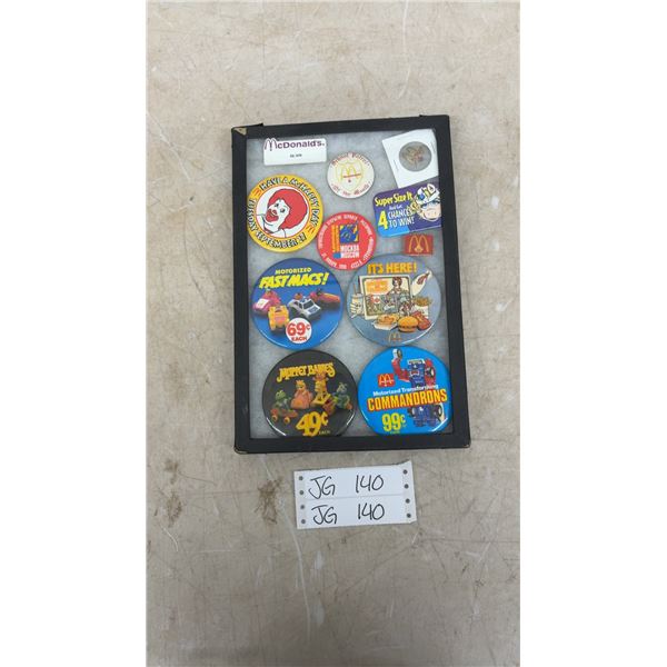 Collection of Vintage McDonalds Pin Back Buttons, Employee Name Tag, Pins and Showcase