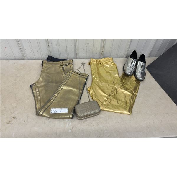 Box of clothes, could be used for Halloween. 2 Pairs of Gold Pants Olsen Europe Size L/14 and