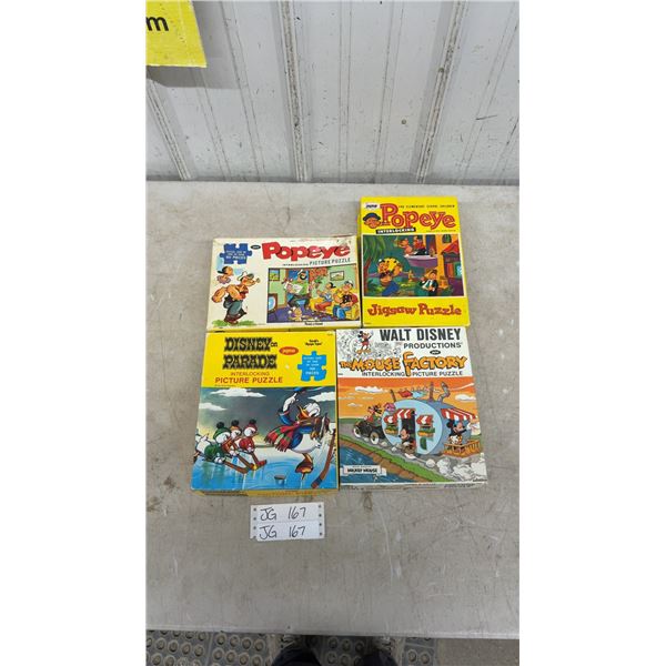 4 Vintage Jamar Walt Disney and Popeye Puzzles, All Complete